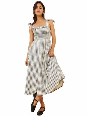 Lulu's Cream & Blue Gingham Tie-Shoulder Midi Dress